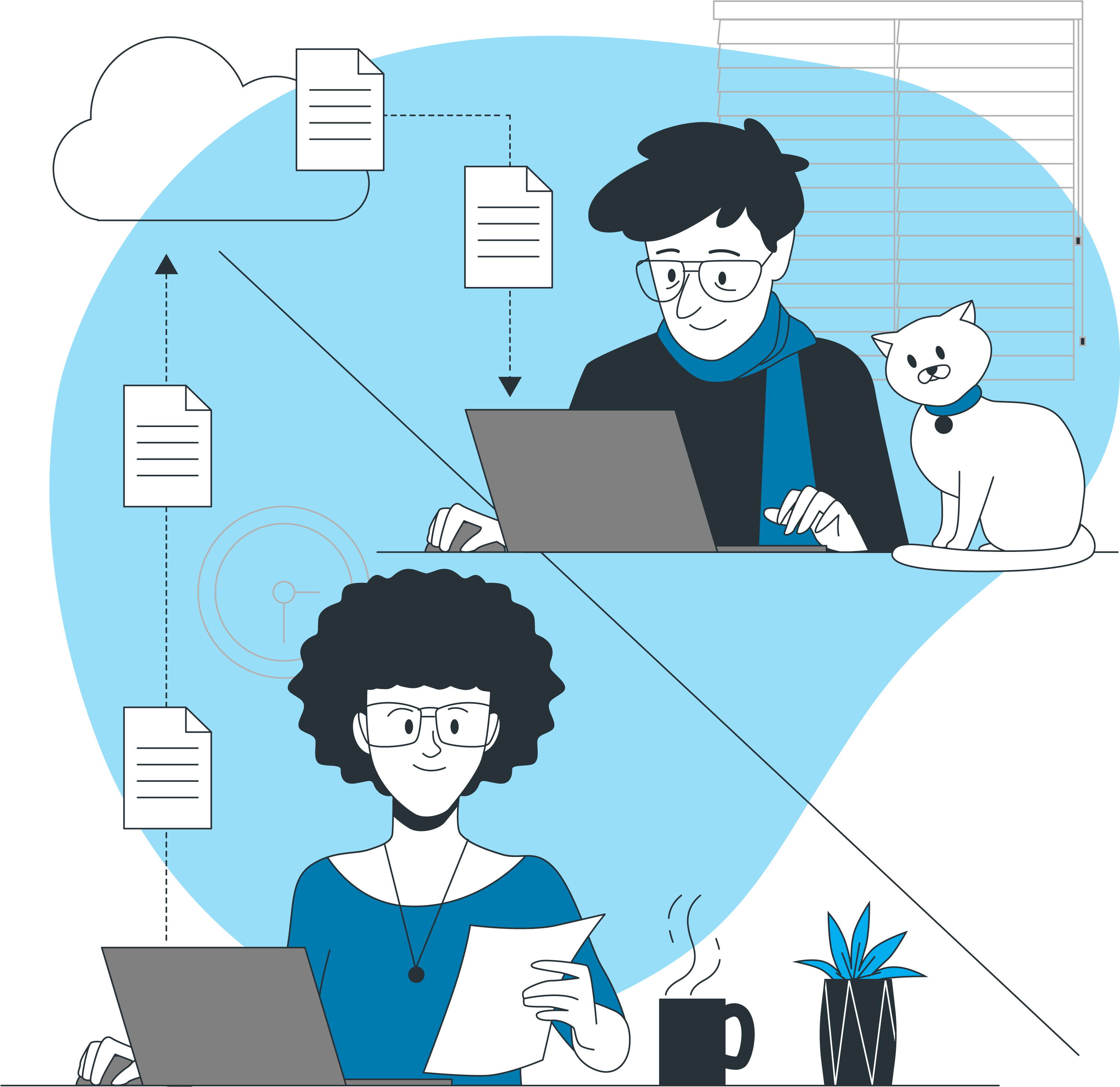 Illustration of woman reading a document and man with cat looking at a laptop.