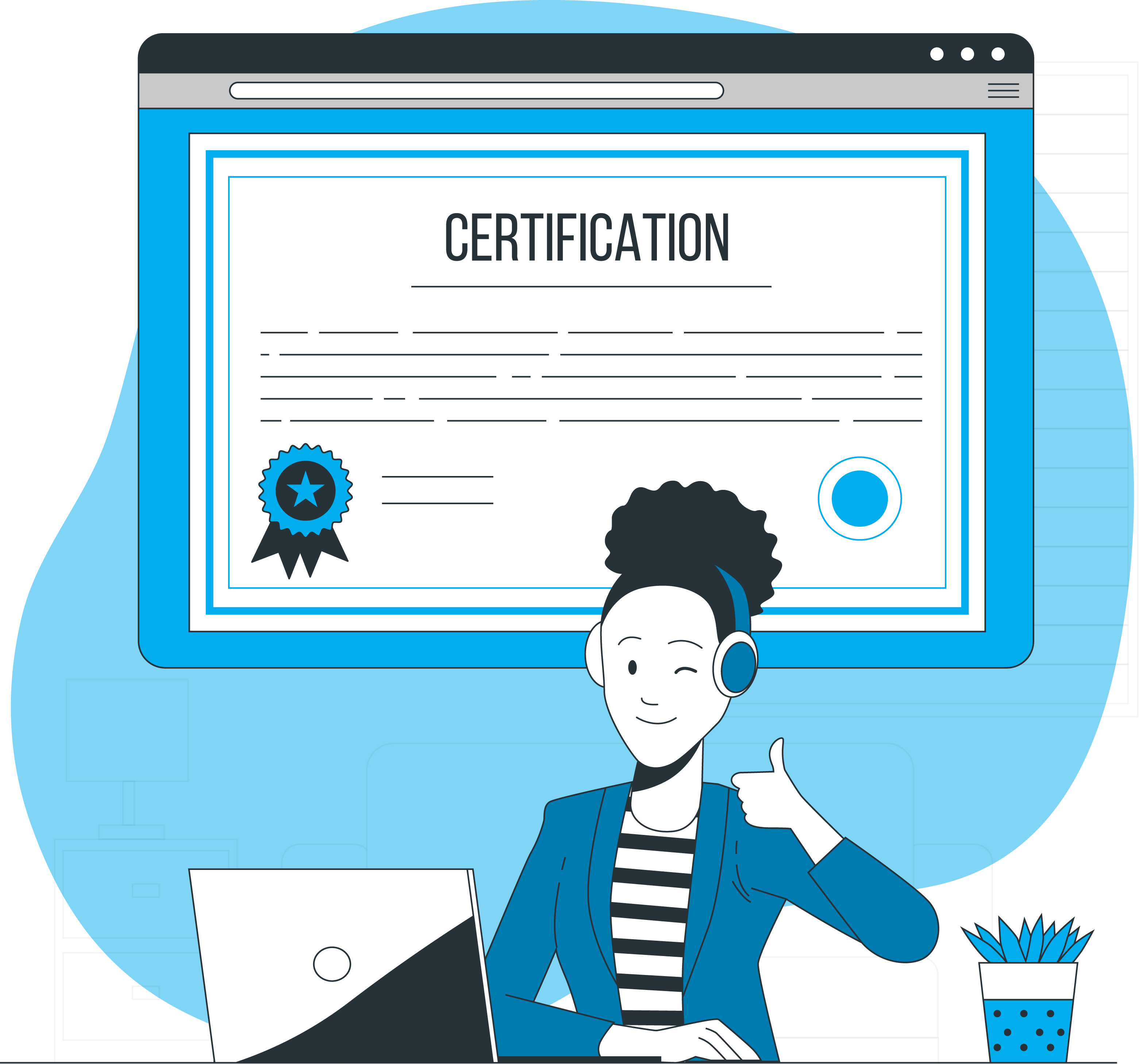 Illustration of woman wearing a headset standing in front of a certificate and giving a thumbs up.