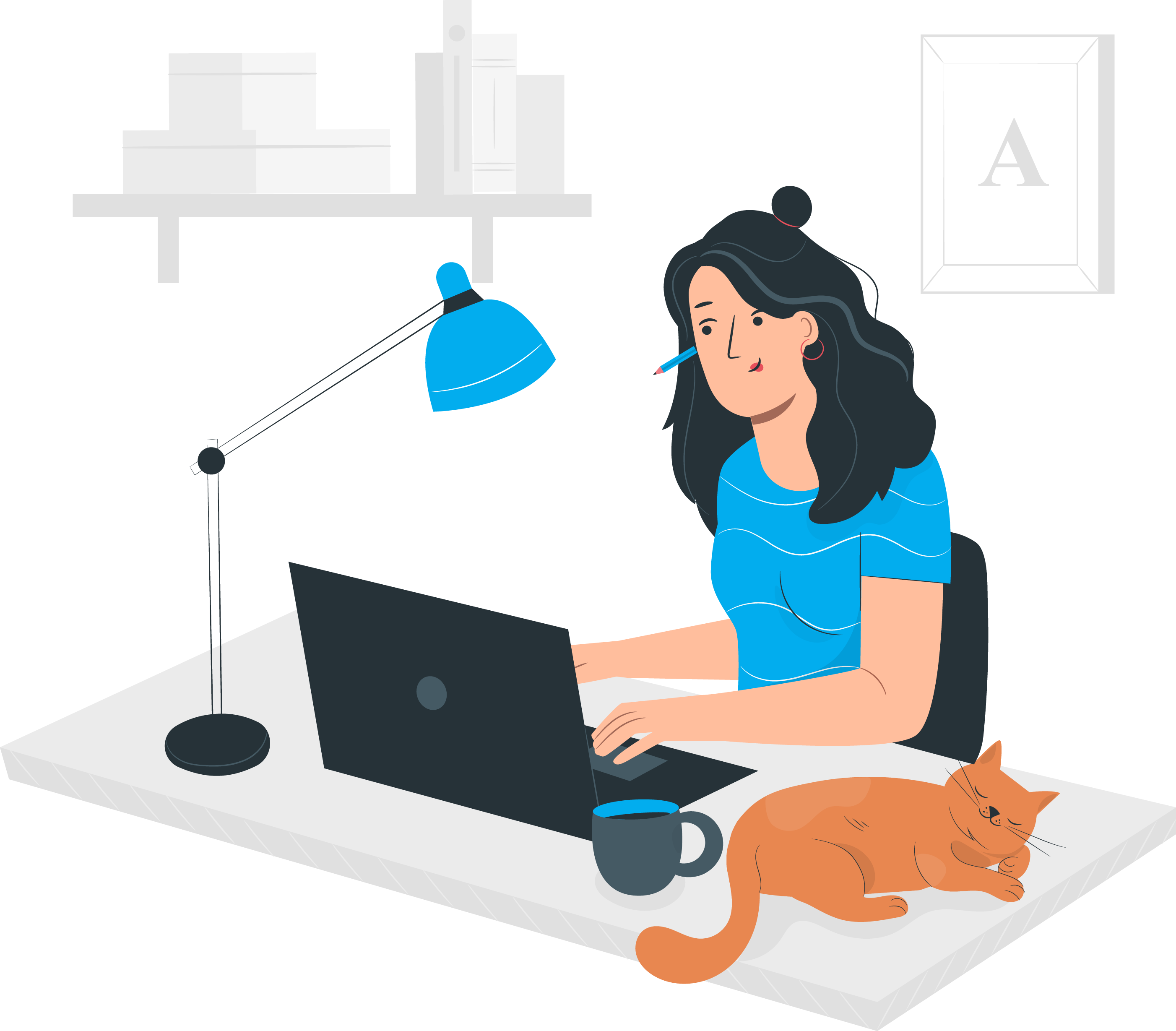 Illustration of woman sitting at a desk with a laptop and sleeping cat.